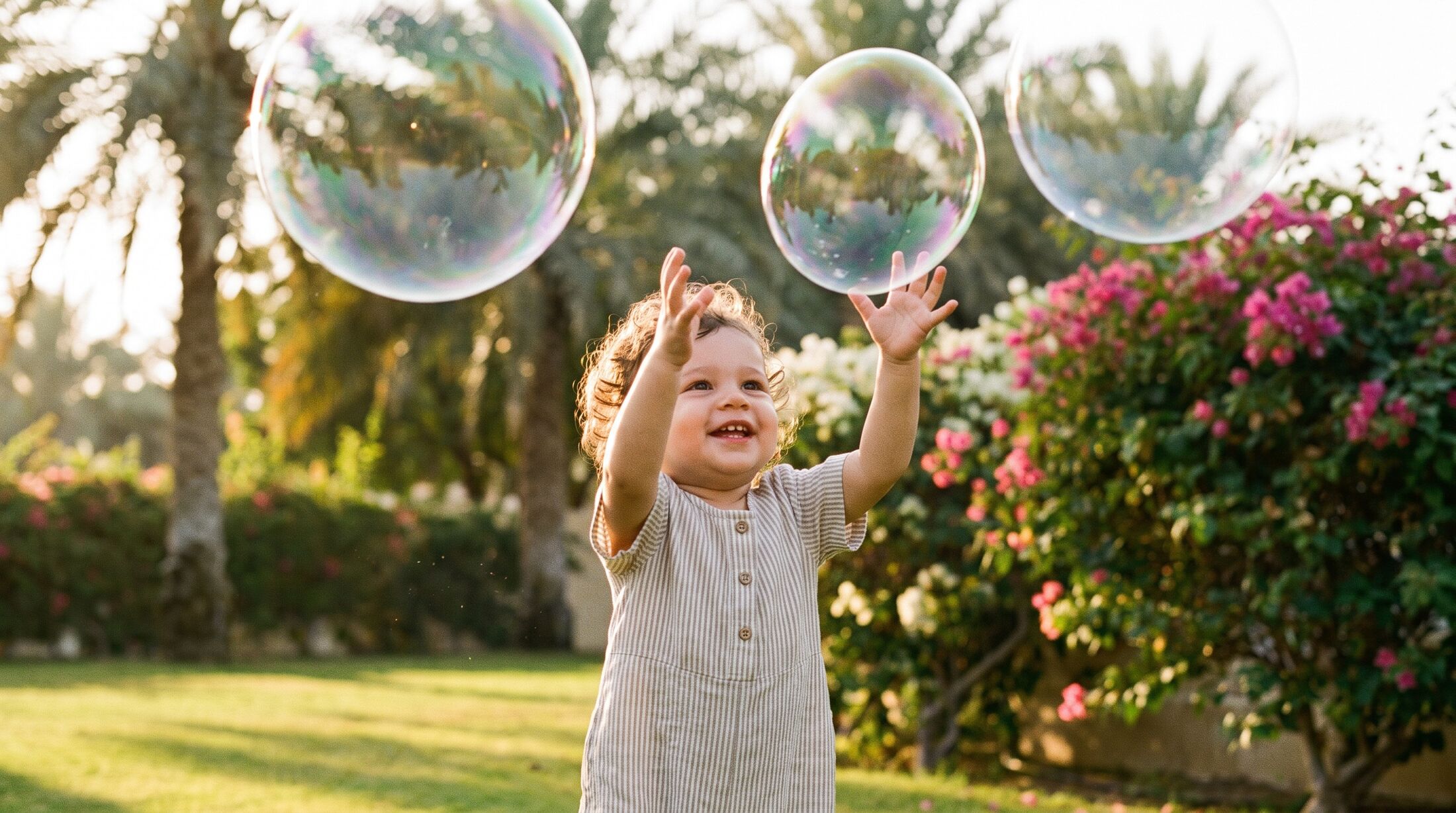 A toddler reaching for giant soap bubbles in a sunny villa garden