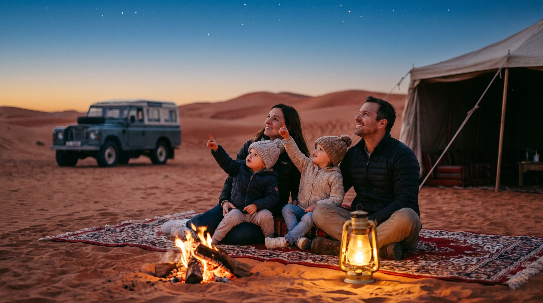 A family by a campfire in the desert, children pointing at the first stars