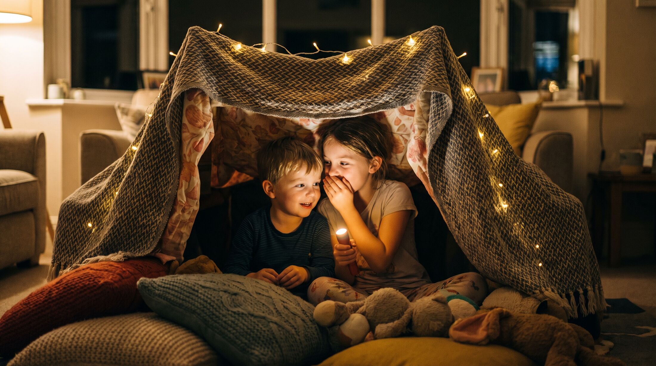 Two siblings whispering inside a blanket fort lit by fairy lights